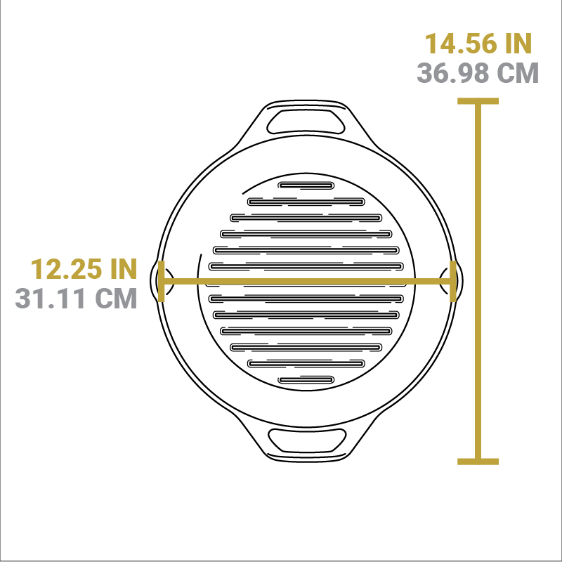 Dimensional drawing of product. Total width including handles is 14.56 inches, width of pan from pour spout to pour spout is 12.25 inches.