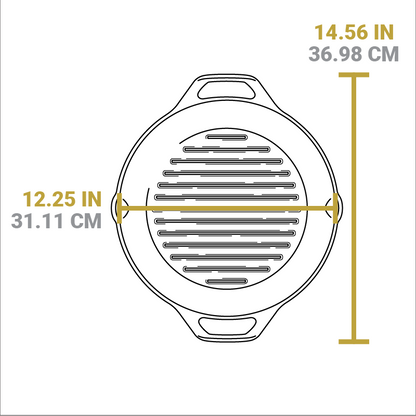 Dimensional drawing of product. Total width including handles is 14.56 inches, width of pan from pour spout to pour spout is 12.25 inches.