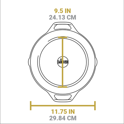 Dimensional drawing of product. Total length is 11.75 inches, width of flat bottom is 9.5 inches.
