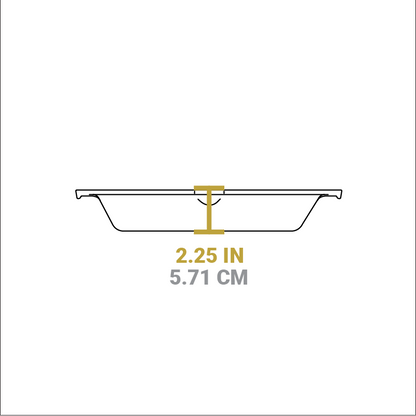 Dimensional drawing of product. Depth of pan is 2.25 inches.