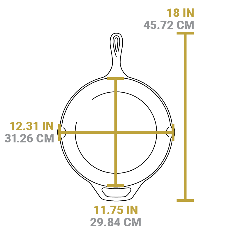 Dimensional drawing product. Full length is 18 inches, length of cooking surface is 11.75 inches, width of cooking surface is 12.31 inches.