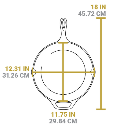 Measurement chart showing dimensions of the 12 inch skillet. Full length is 18 inches, width of cooking surface is 12.31 inches, and length of cooking surface is 11.75 inches.
