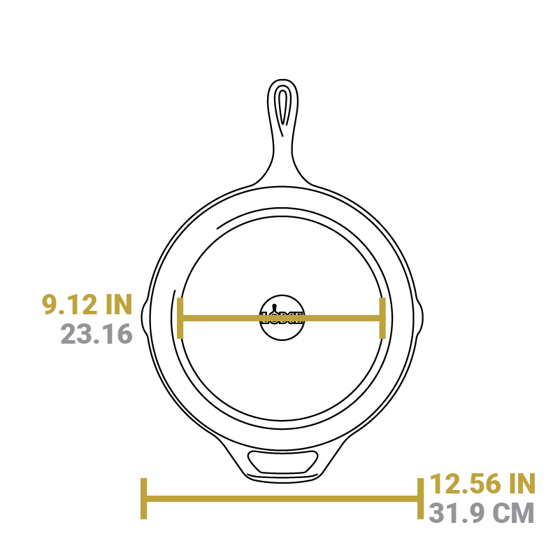 Measurement chart showing dimensions of the 12 inch skillet. Flat bottom is 9.12 inches, full bottom width is 12.56 inches.