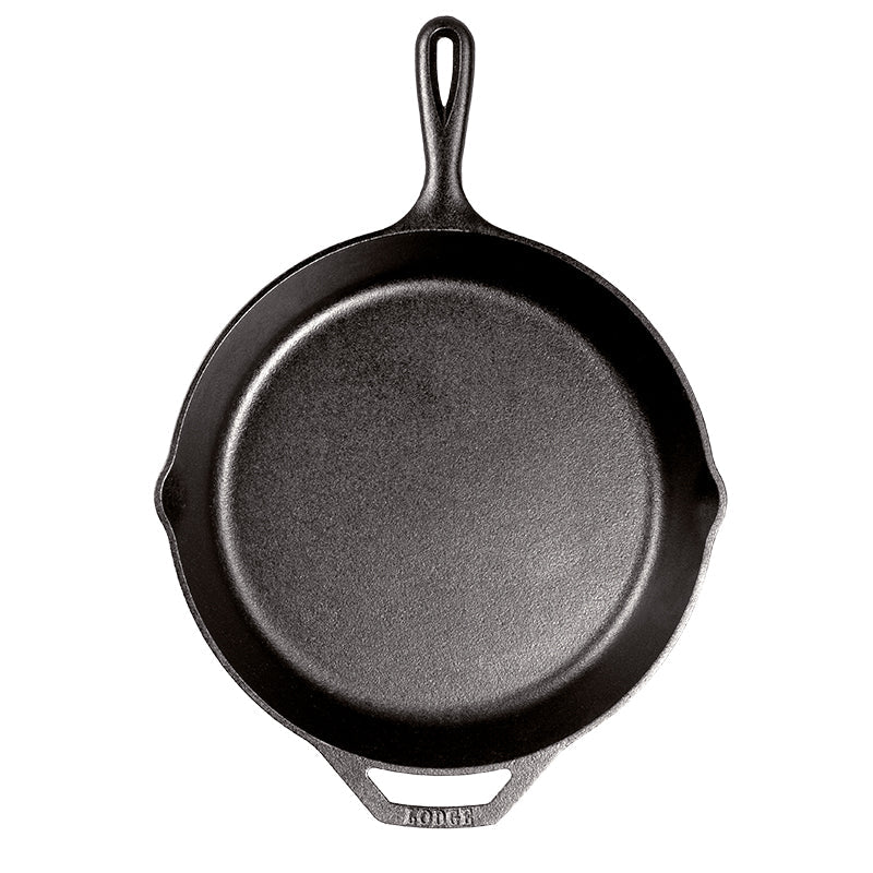 Cast iron skillet with one long handle and one assist handle on opposite side, there's a pour spout on the left and right side.