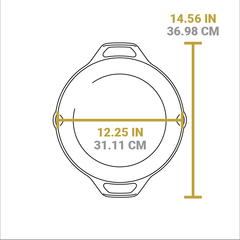Dimensional drawing of product. Total width from handle to handle is 14.56 inches, total length from pour spout to pour spout is 12.25 inches.