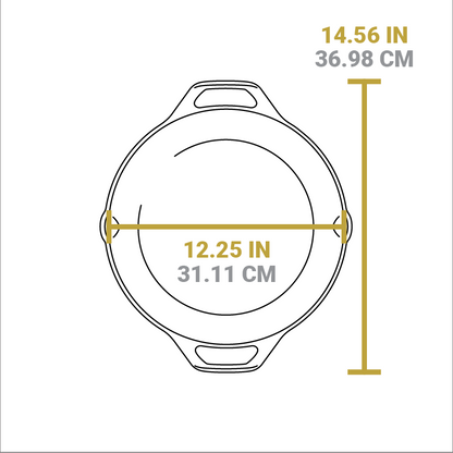 Dimensional drawing of product. Total width from handle to handle is 14.56 inches, total length from pour spout to pour spout is 12.25 inches.