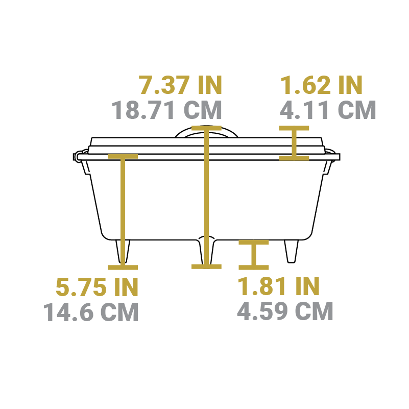 Dimensional drawing of product. Total height is 7.37 inches, height of dutch oven is 5.75 inches, height of legs is 1.81 inches, and height of lid is 1.62 inches.