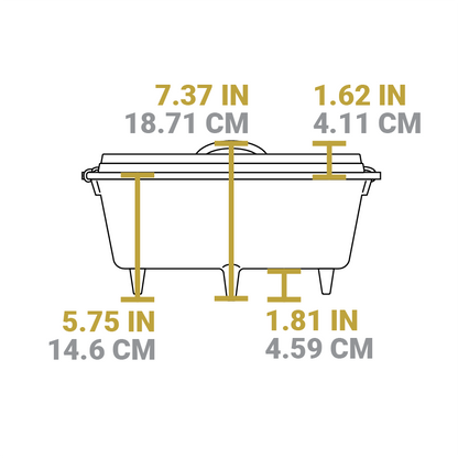 Dimensional drawing of product. Total height is 7.37 inches, height of dutch oven is 5.75 inches, height of legs is 1.81 inches, and height of lid is 1.62 inches.