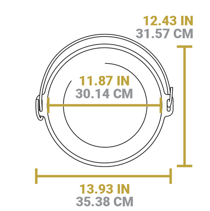Dimensional drawing of product lid. Total width is 13.93 inches, total length including handle is 12.43 inches, diameter of lid is 11.87 inches.
