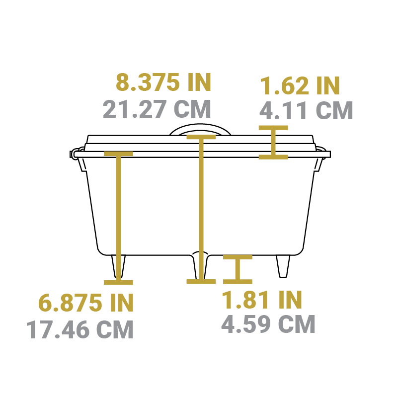Dimensional drawing of product. Total height is 8.375 inches, height of dutch oven is 6.875 inches, height of legs is 1.81 inches, and height of lid is 1.62 inches.
