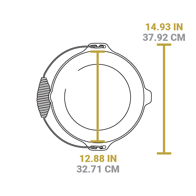 Dimensional drawing of product. Width of cooking surface is 12.88 inches, total length is 14.93 inches.