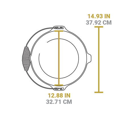 Dimensional drawing of product. Width of cooking surface is 12.88 inches, total length is 14.93 inches.