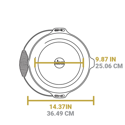 Dimensional drawing of product. Width of flat bottom is 9.87 inches, total width is 14.37 inches.