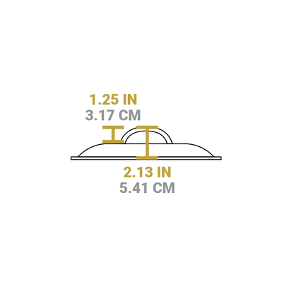 Dimensional drawing of product lid. Total height is 2.13 inches, height of handle is 1.25 inches.
