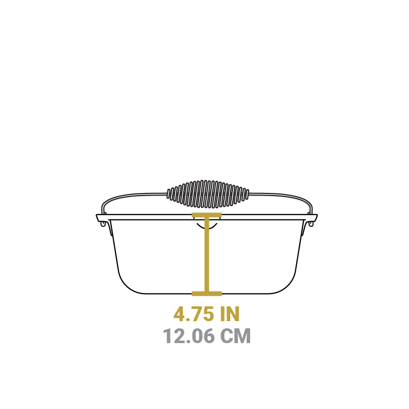 Dimensional drawing of product. Height of dutch oven is 4.75 inches.