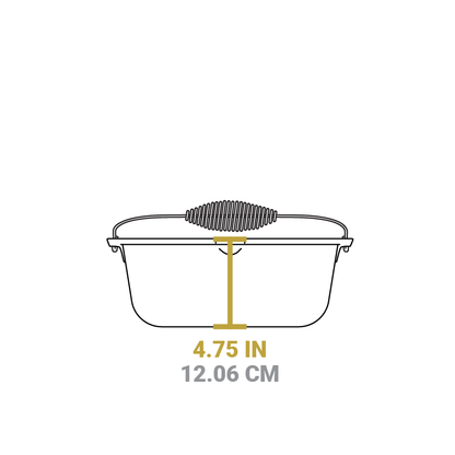 Dimensional drawing of product. Height of dutch oven is 4.75 inches.