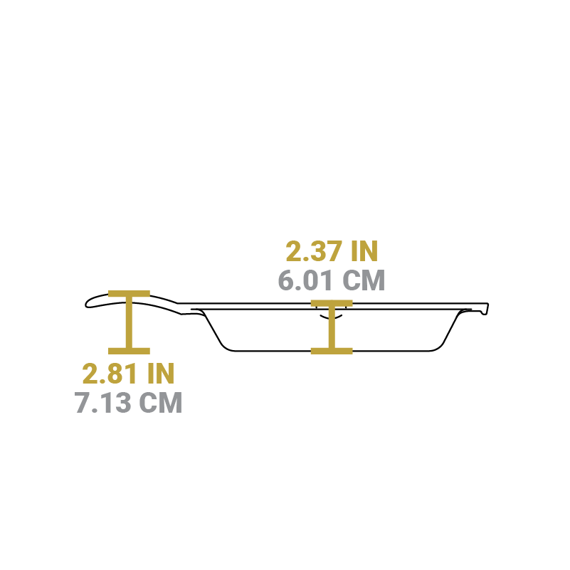 Dimensional drawing product. Depth of skillet is 2.37 inches, handle length is 2.81 inches.