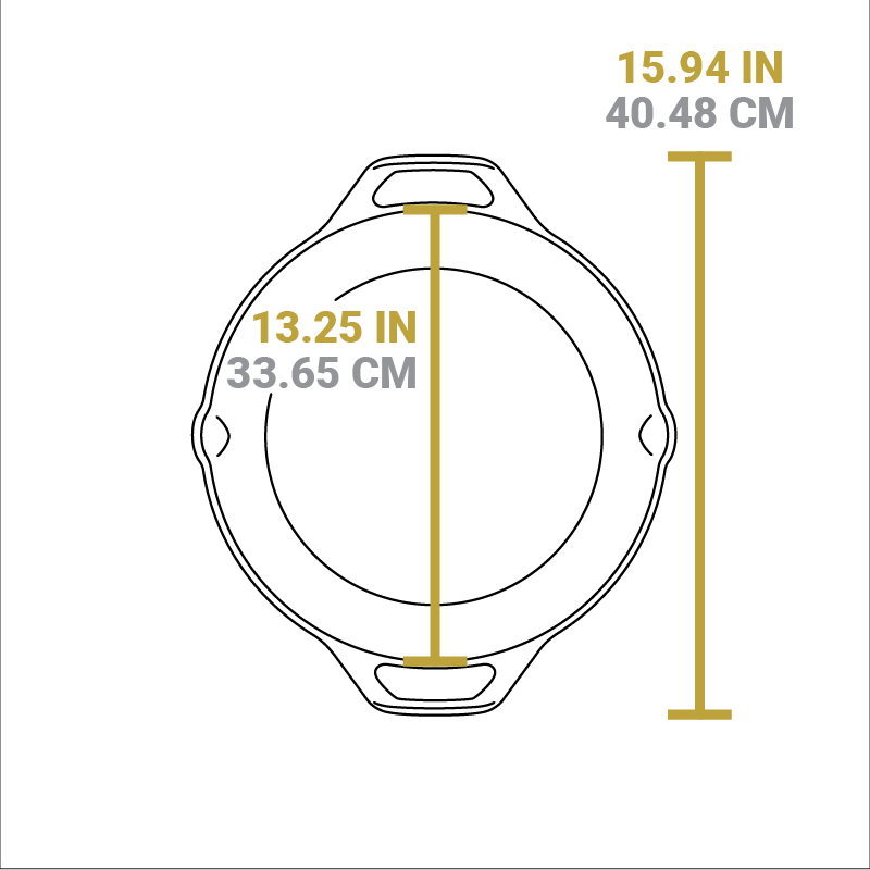 Dimensional drawing of product. Total width from handle to handle is 15.94 inches, width of cooking surface is 13.25 inches.