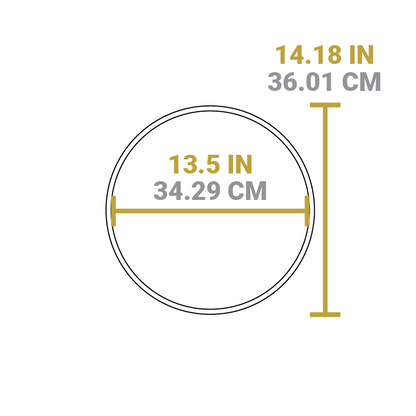 Dimensional drawing of product. Diameter is 13.5 inches, length is 14.18 inches.