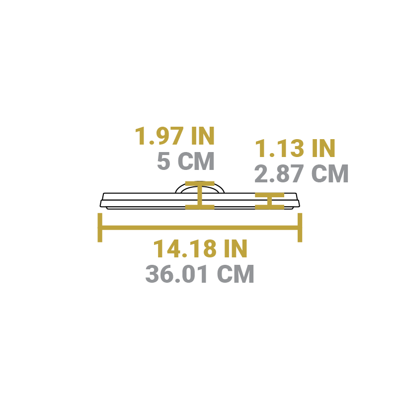Dimensional drawing of product. Total width is 14.18 inches, height from bottom to top of handle is 1.97 inches, and height of lid portion is 1.13 inches.