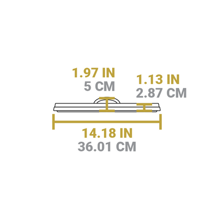 Dimensional drawing of product. Total width is 14.18 inches, height from bottom to top of handle is 1.97 inches, and height of lid portion is 1.13 inches.