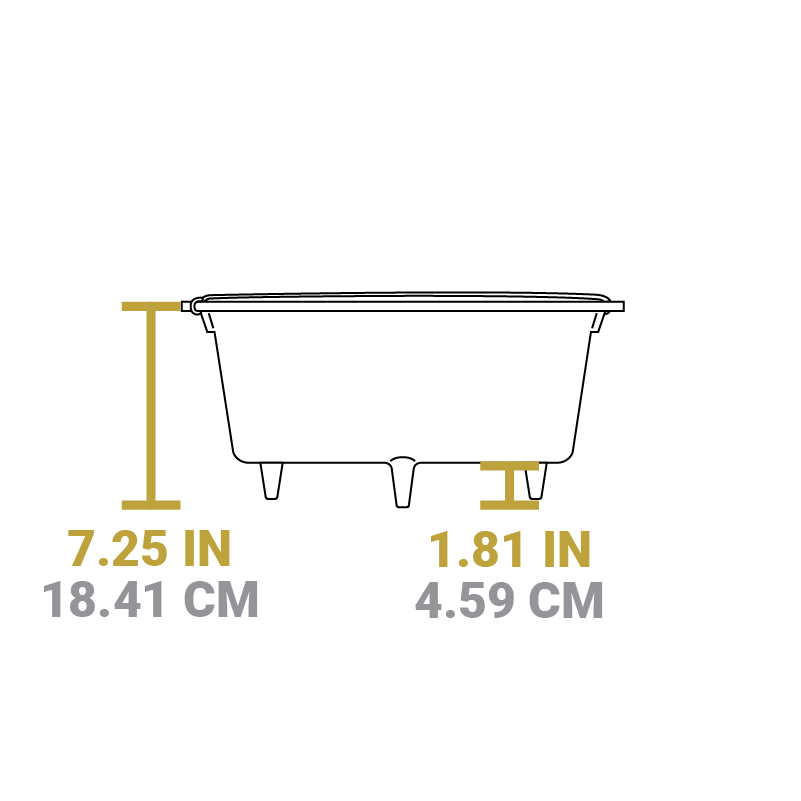 Dimensional drawing of product. Height of dutch oven is 7.25 inches, height of legs is 1.81 inches.