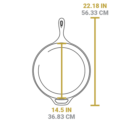 Dimensional drawing product. Full length is 22.18 inches, length of cooking surface is 14.5 inches.