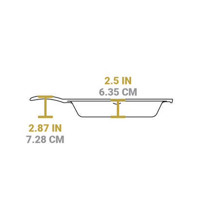 Dimensional drawing product. Depth of skillet is 2.5 inches, handle length is 2.87 inches.