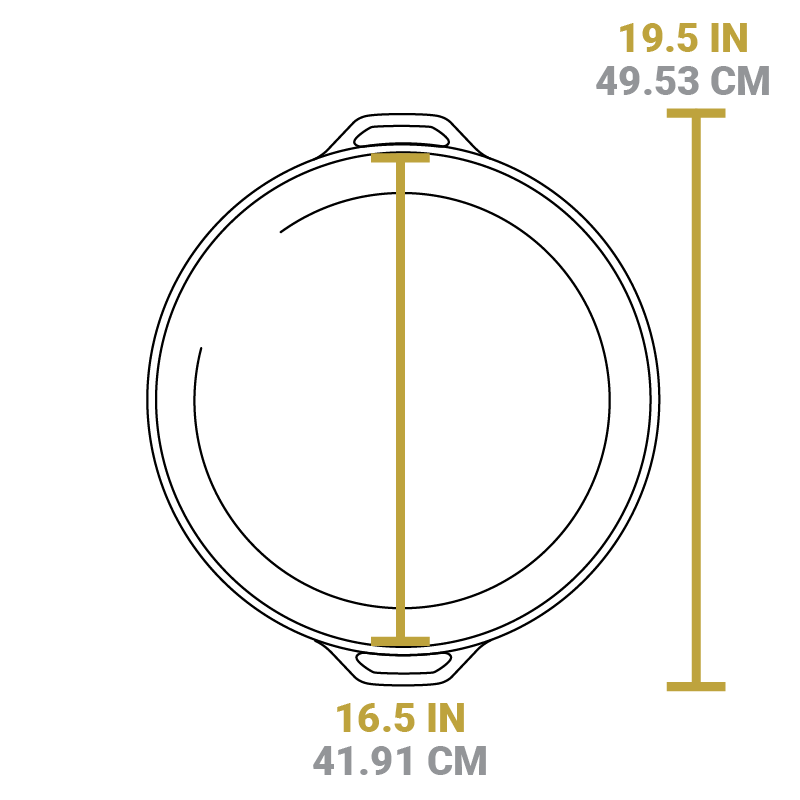 Dimensional drawing of product. Total width from handle to handle is 19.5 inches, width of cooking surface is 16.5 inches.