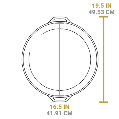 Dimensional drawing of product. Total width from handle to handle is 19.5 inches, width of cooking surface is 16.5 inches.