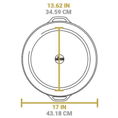 Dimensional drawing of product. Flat bottom width is 13.62 inches, total width is 17 inches.