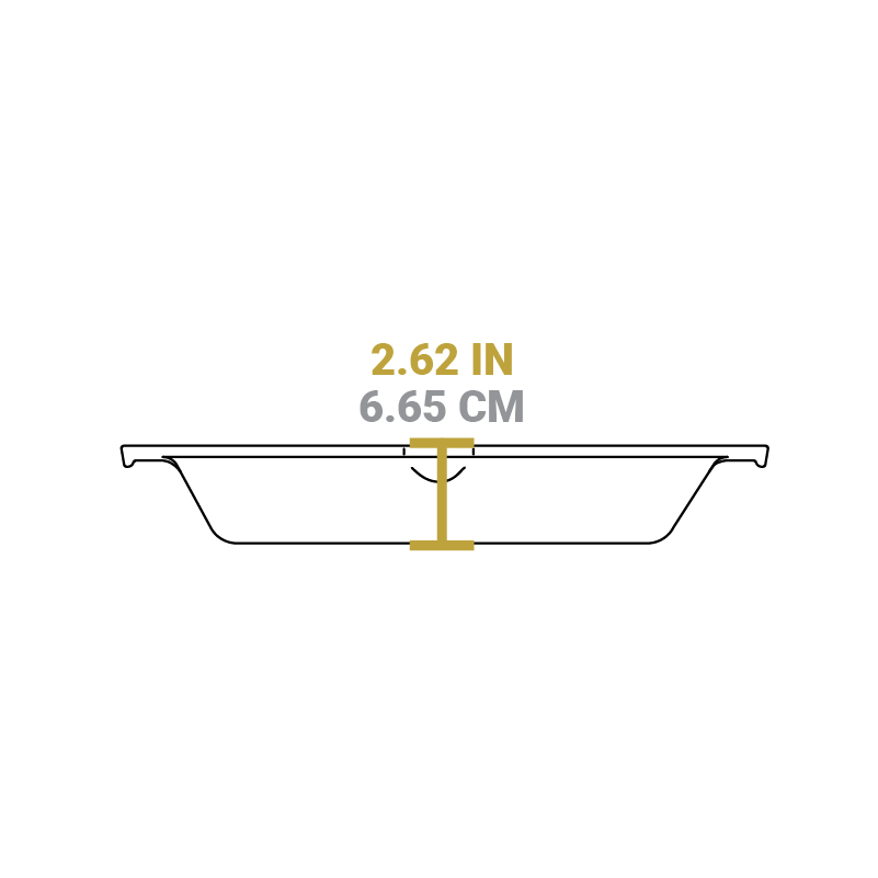 Dimensional drawing of product. Depth of cooking surface is 2.62 inches.