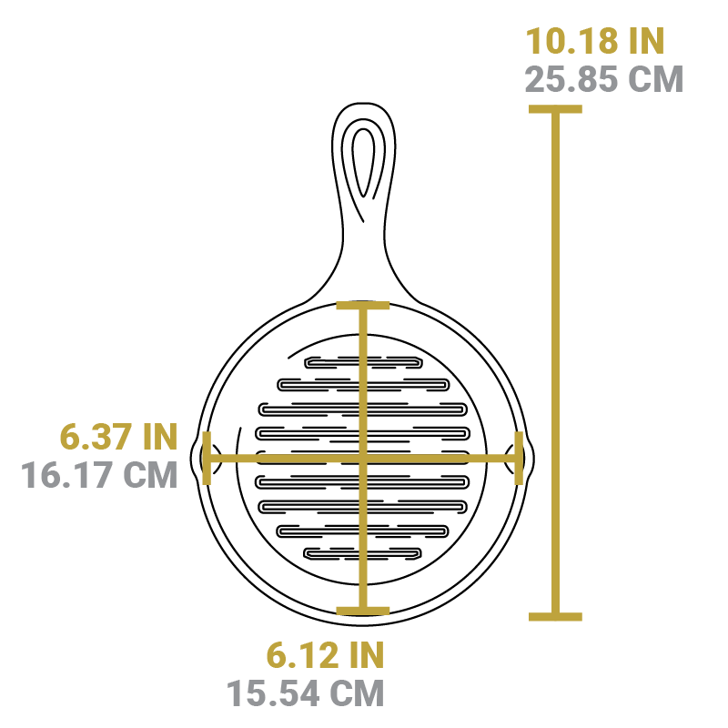 Dimensional drawing of product. Full length including handle is 10.18 inches, width of cooking surface is 6.37 inches, length of cooking surface is 6.12 inches.