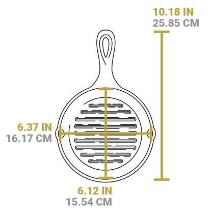 Dimensional drawing of product. Full length including handle is 10.18 inches, width of cooking surface is 6.37 inches, length of cooking surface is 6.12 inches.
