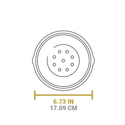 Dimensional drawing of product. Diameter is 6.73 inches.