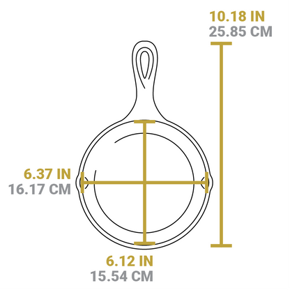 Dimensional drawing product. Full length is 10.18 inches, length of cooking surface is 6.12 inches, width of cooking surface is 6.37 inches.