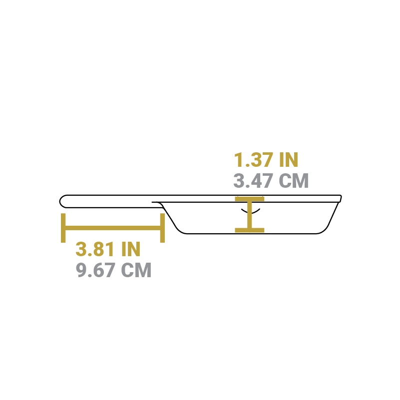 Dimensional drawing product. Depth of cooking surface is 1.37 inches, length of handle is 3.81 inches.