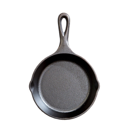 Cast iron skillet with one long handle, there's a pour spout on the left and right side.