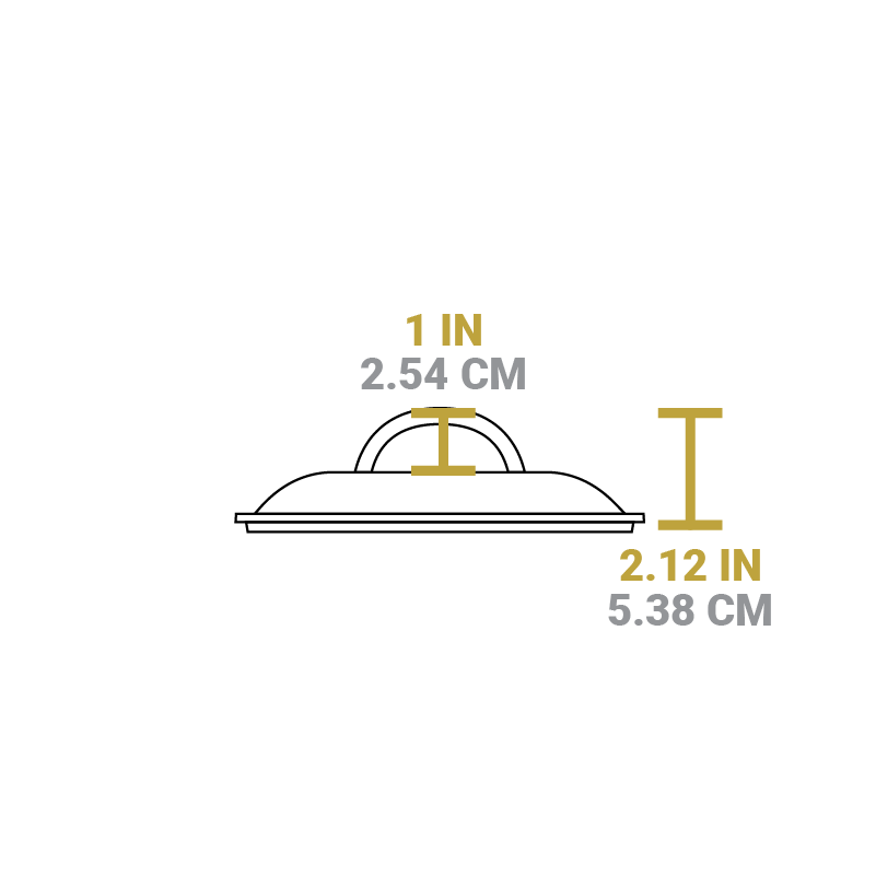 Dimensional drawing of product. Total height is 2.12 inches, and height of handle from lid is 1 inch.