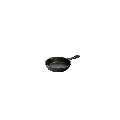 Cast iron skillet with one long handle, there's a pour spout on the left and right side.