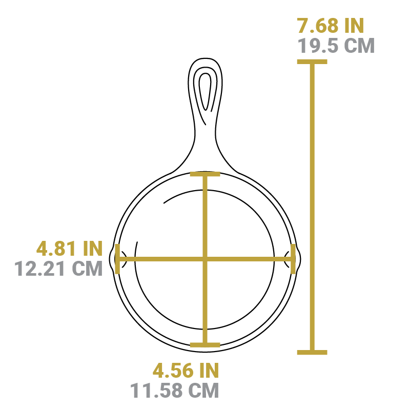 Dimensional drawing product. Full length is 7.68 inches, length of cooking surface is 4.56 inches, width of cooking surface is 4.81 inches.