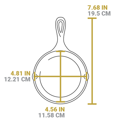 Dimensional drawing of product. Total length including handle is 7.68 inches, length of cooking surface is 4.56 inches, and width from pour spout to pour spout is 4.81 inches.
