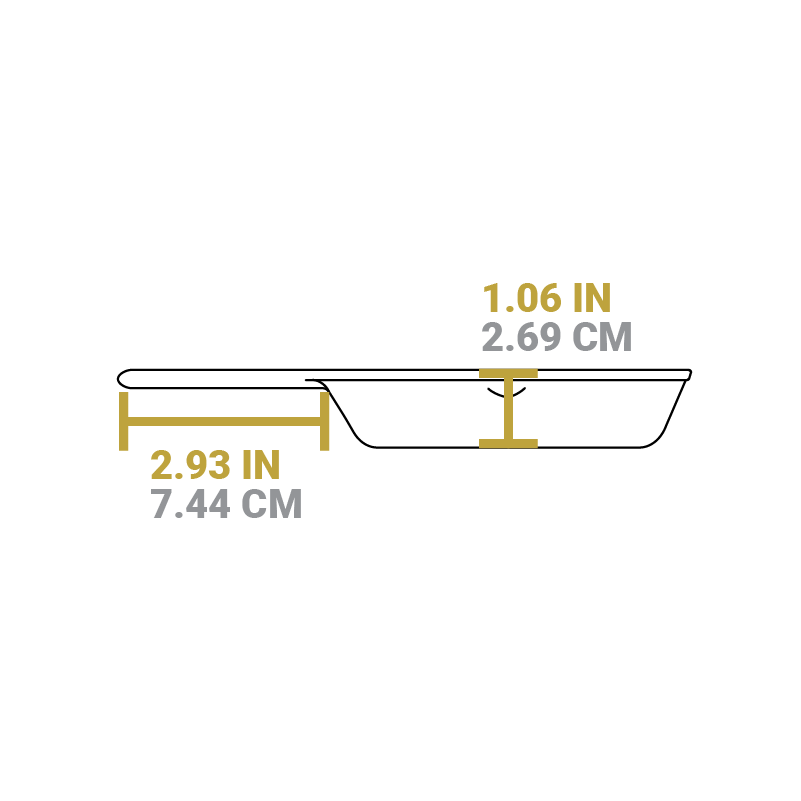 Dimensional drawing product. Depth of cooking surface is 1.06 inches, length of handle is 2.93 inches.