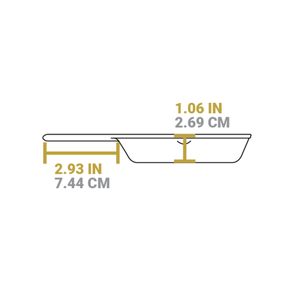 Dimensional drawing product. Depth of cooking surface is 1.06 inches, length of handle is 2.93 inches.