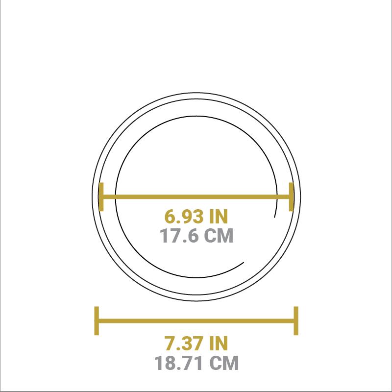 Dimensional drawing of product. Width of cooking surface is 6.93 inches, total width is 7.37 inches.