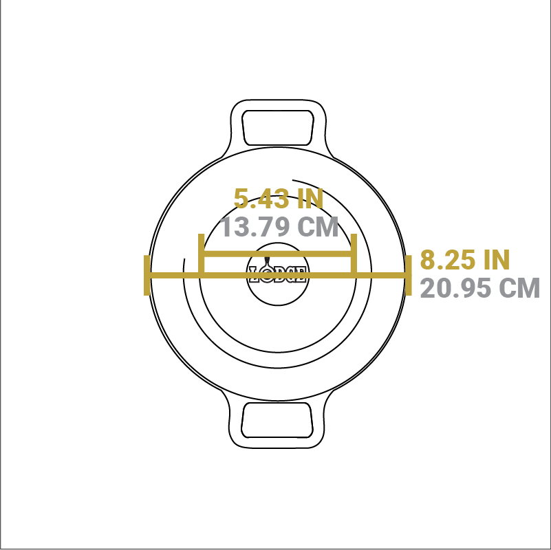 Dimensional drawing of product. Width of flat bottom is 5.43 inches, total width is 8.25 inches.