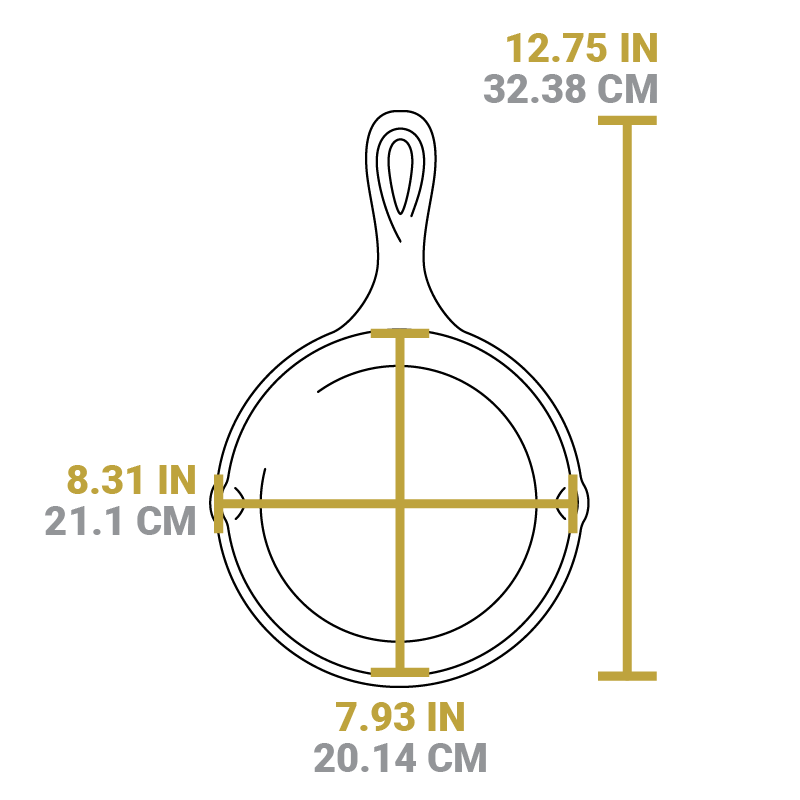 Dimensional drawing of 8" skillet. Full length is 12.75 inches, length of cooking surface is 7.93 inches, width of cooking surface is 8.31 inches.