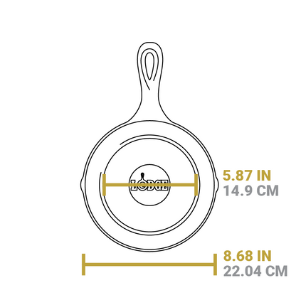 Dimensional drawing of 8" skillet. Flat bottom width is 5.87 inches, total width is 8.68 inches.