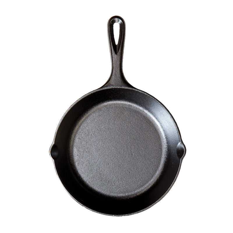 Cast iron skillet with one long handle, there's a pour spout on the left and right side.