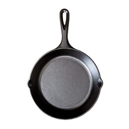 Cast iron skillet with one long handle, there's a pour spout on the left and right side.